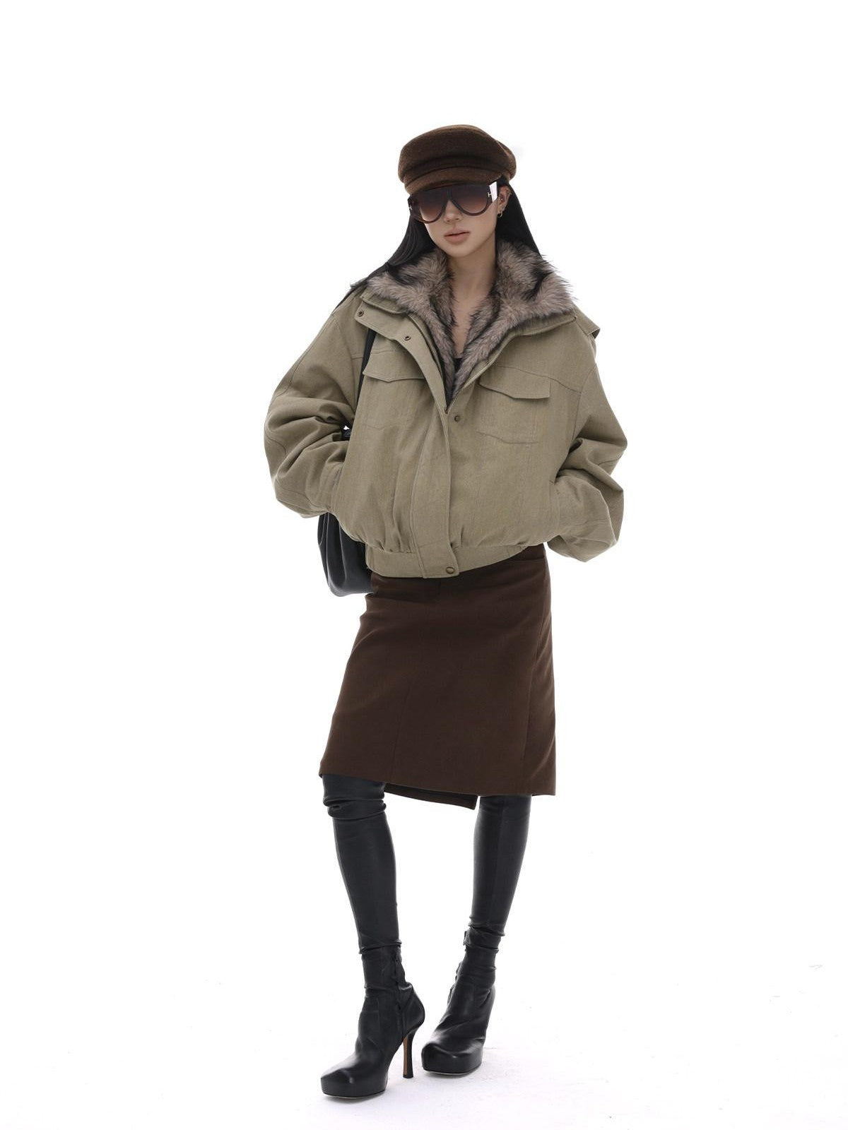 iamxiaa Detachable Fur Collar Cropped Parka Women&