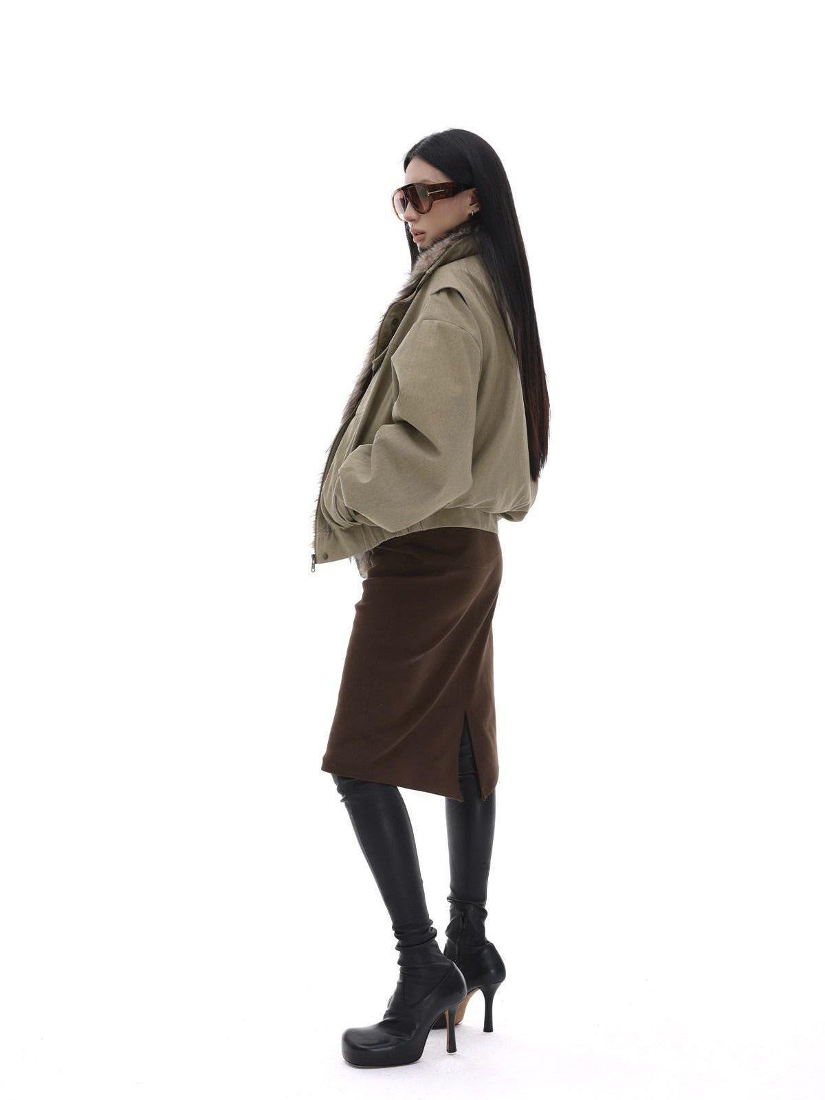 iamxiaa Detachable Fur Collar Cropped Parka Women&