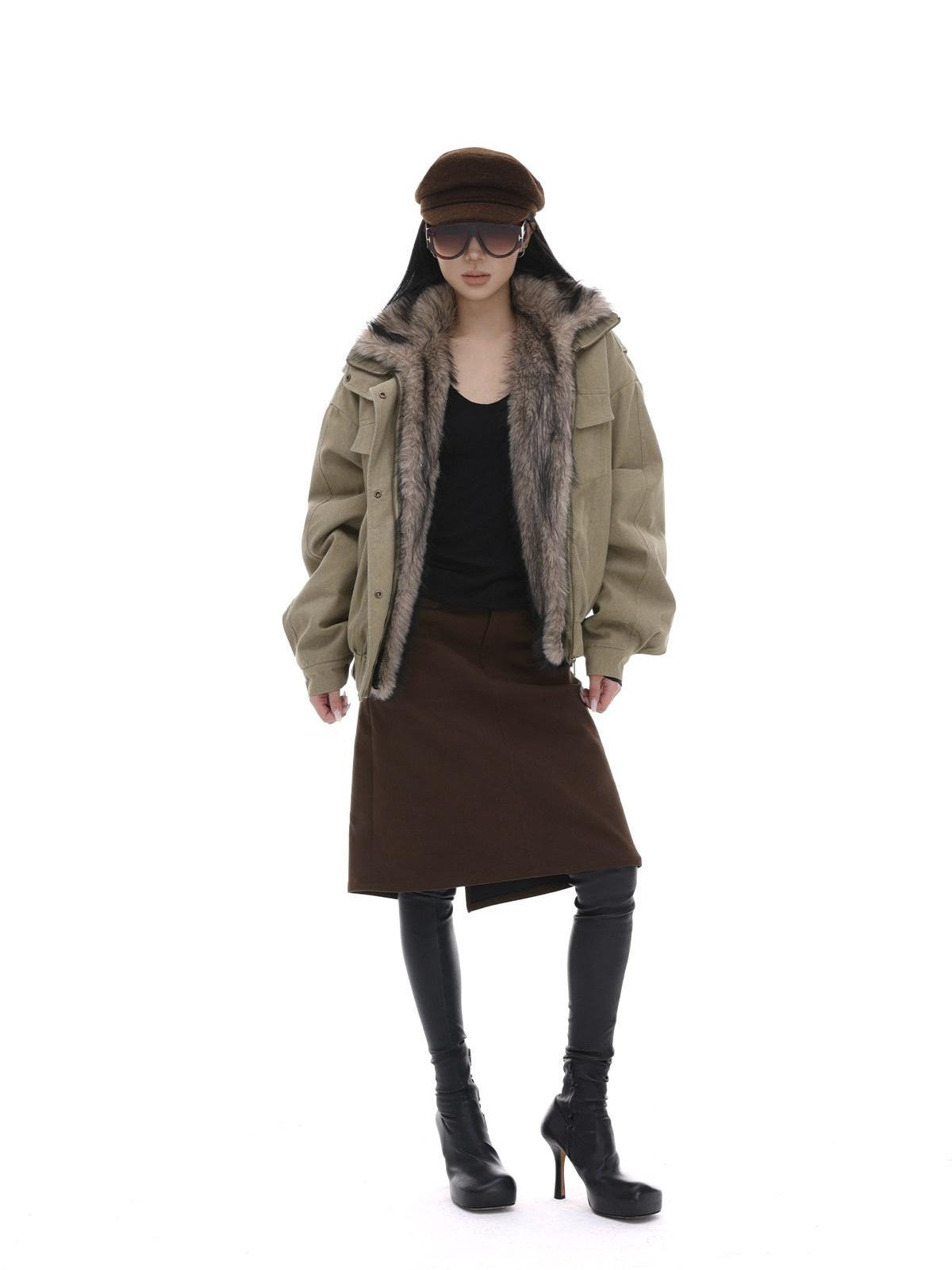 iamxiaa Detachable Fur Collar Cropped Parka Women&