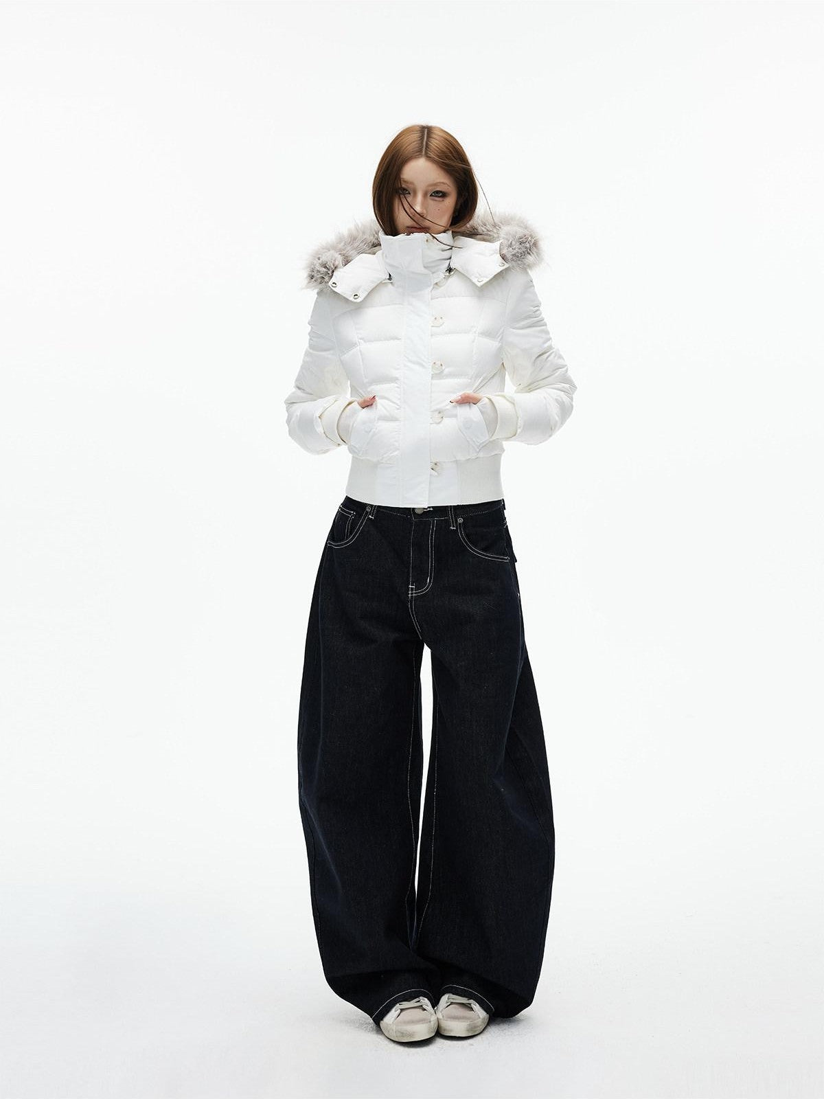 iamxiaa Detachable Hood Eco Fur Slim Short Women&