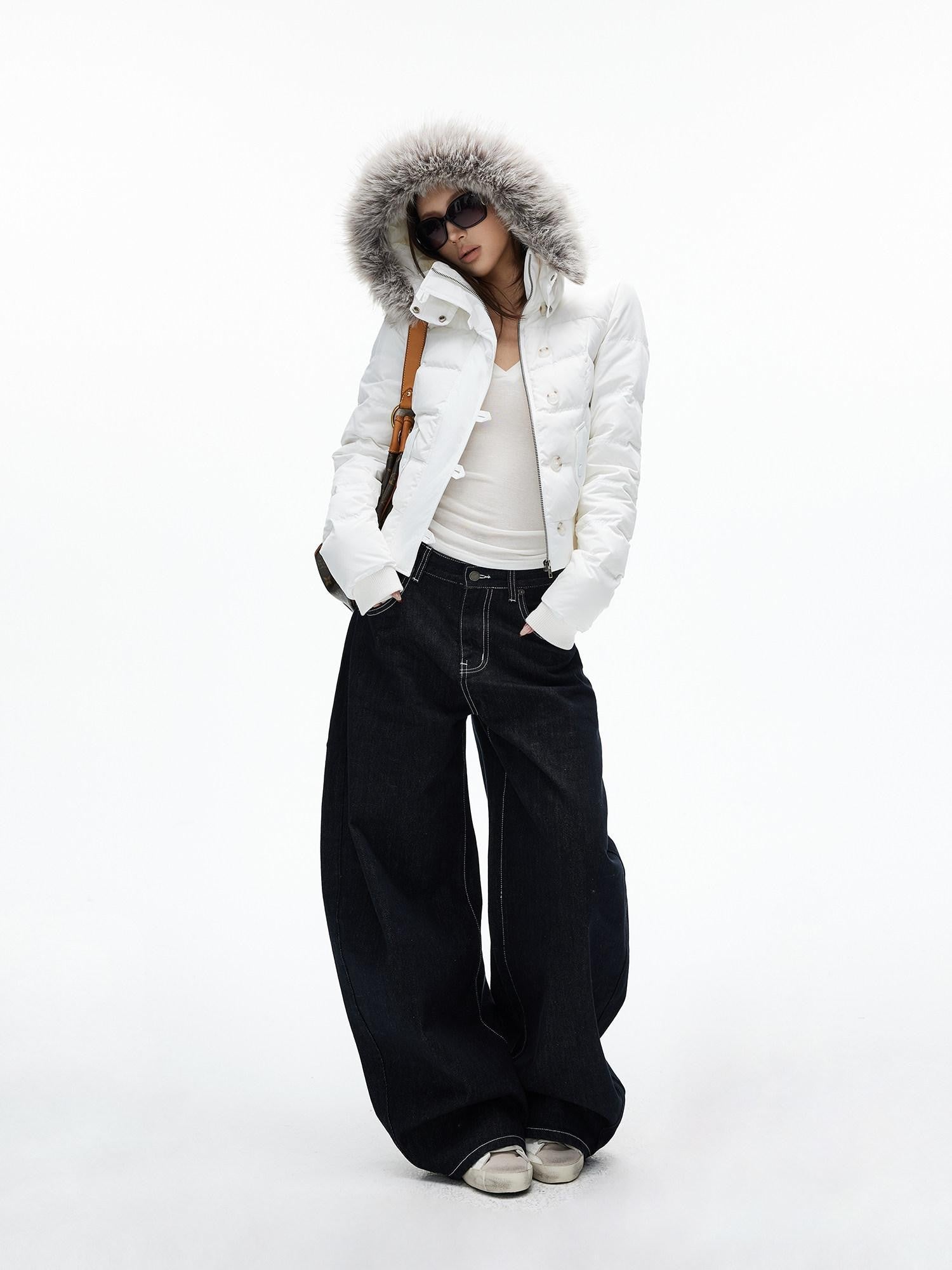iamxiaa Detachable Hood Eco Fur Slim Short Women&