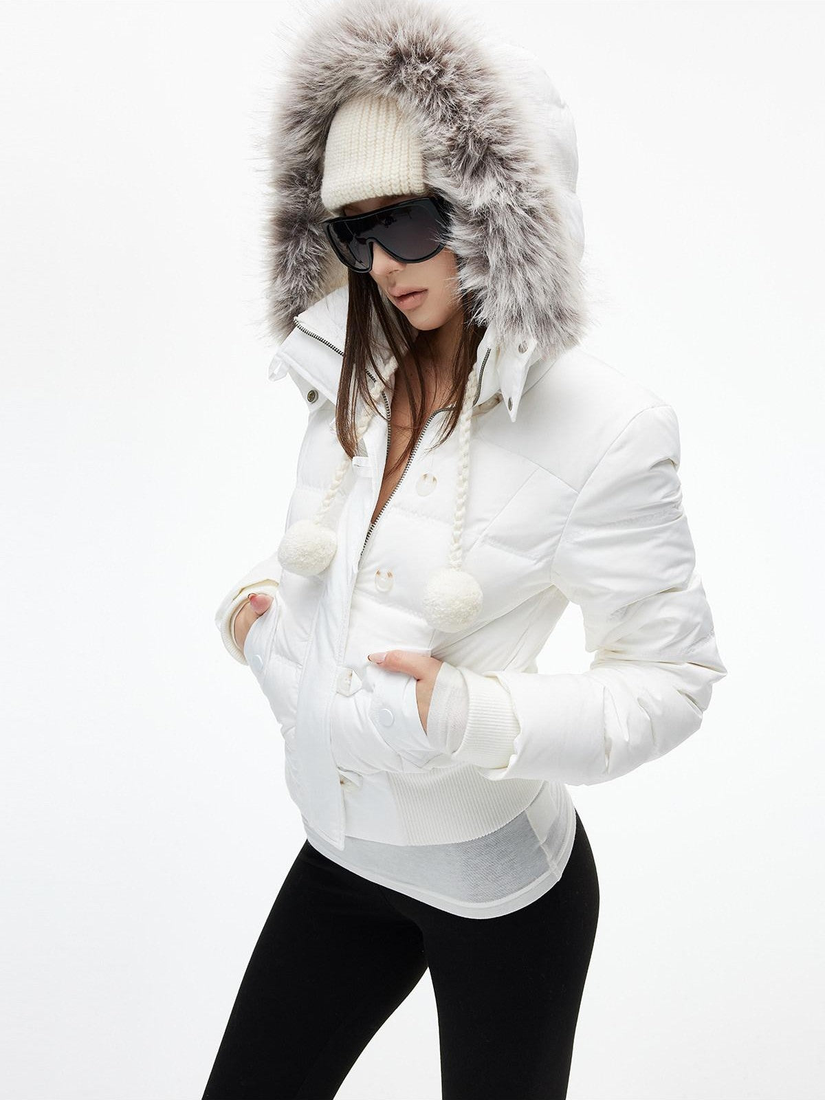 iamxiaa Detachable Hood Eco Fur Slim Short Women&