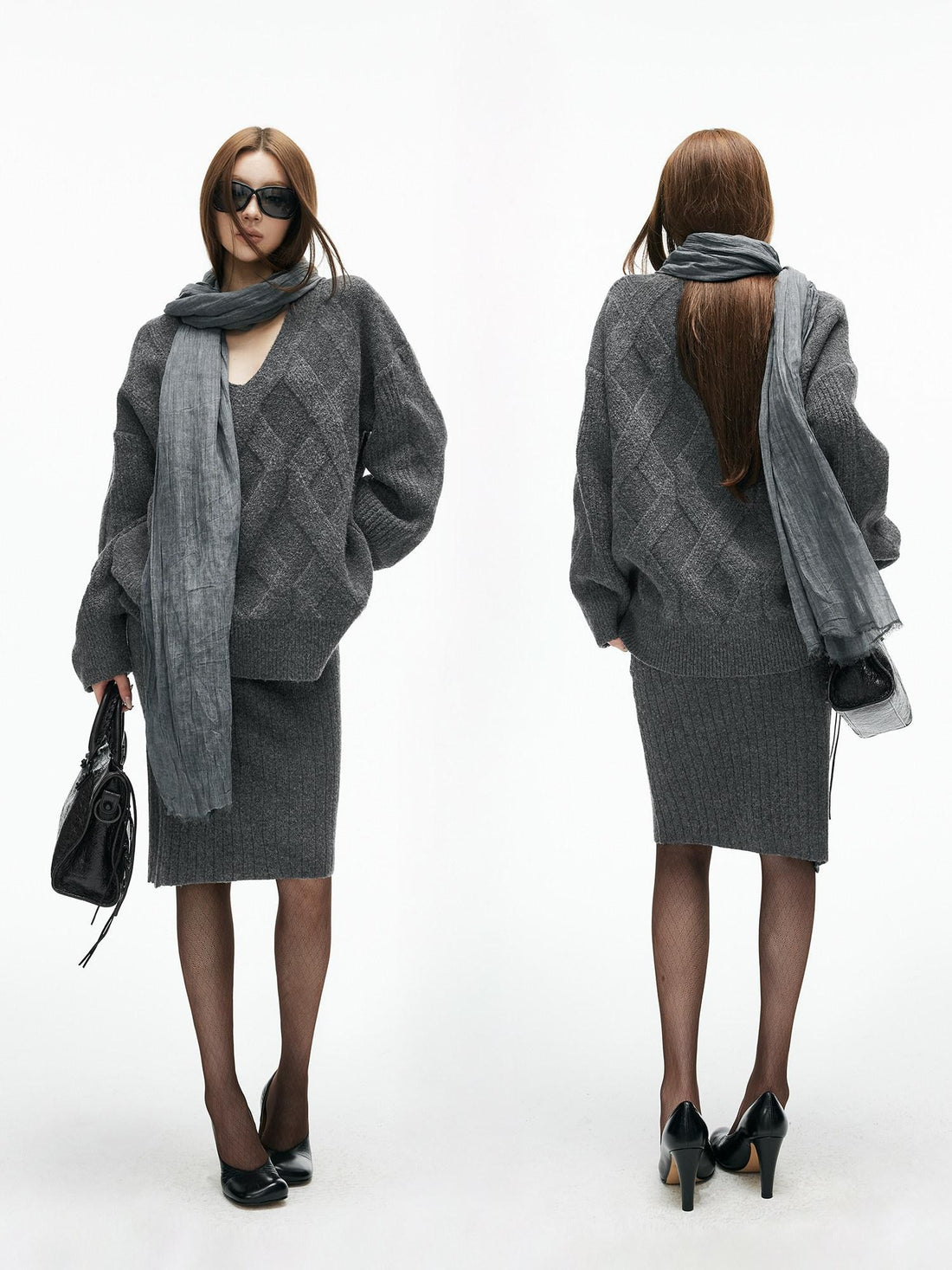 iamxiaa Diamond Cable V-neck Drop Shoulder Women&