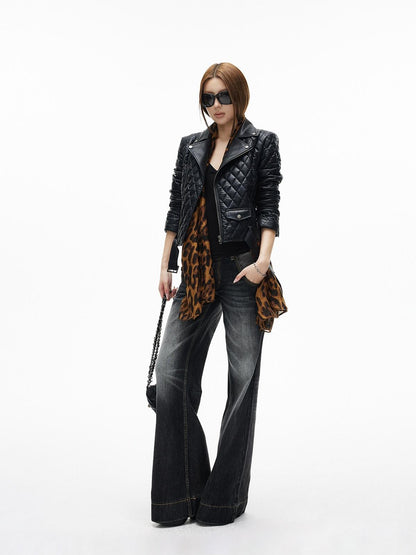 iamxiaa Diamond Quilted Lapel Biker Micro Slim Short Women&