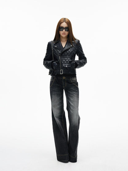 iamxiaa Diamond Quilted Lapel Biker Micro Slim Short Women&