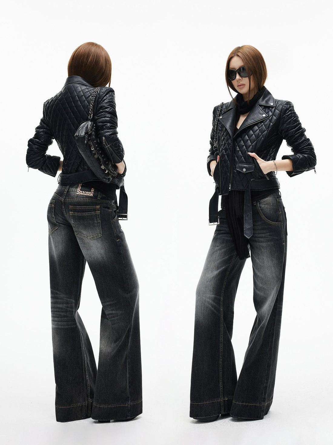 iamxiaa Diamond Quilted Lapel Biker Micro Slim Short Women&