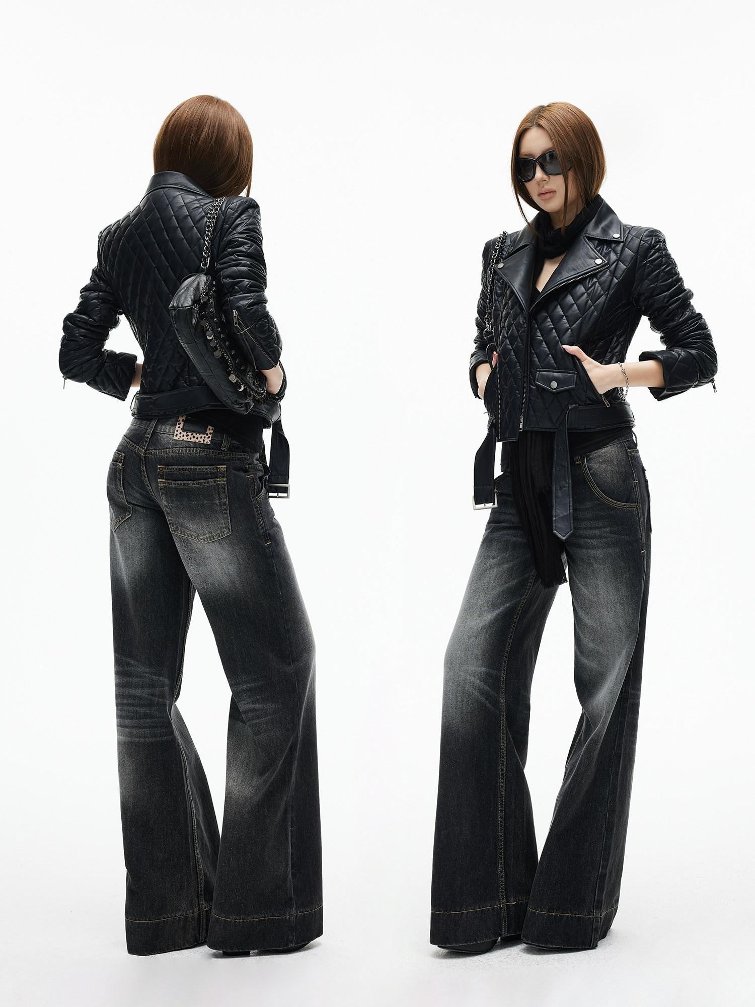 iamxiaa Diamond Quilted Lapel Biker Micro Slim Short Women&