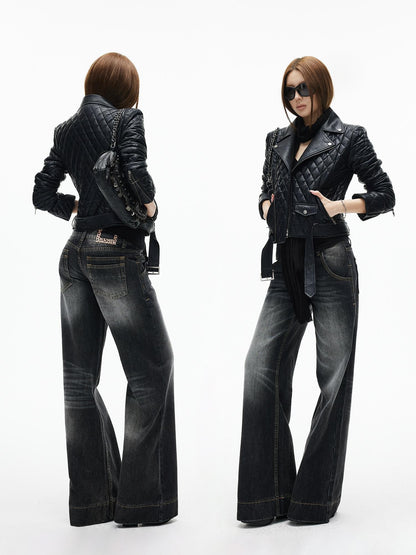 iamxiaa Diamond Quilted Lapel Biker Micro Slim Short Women&