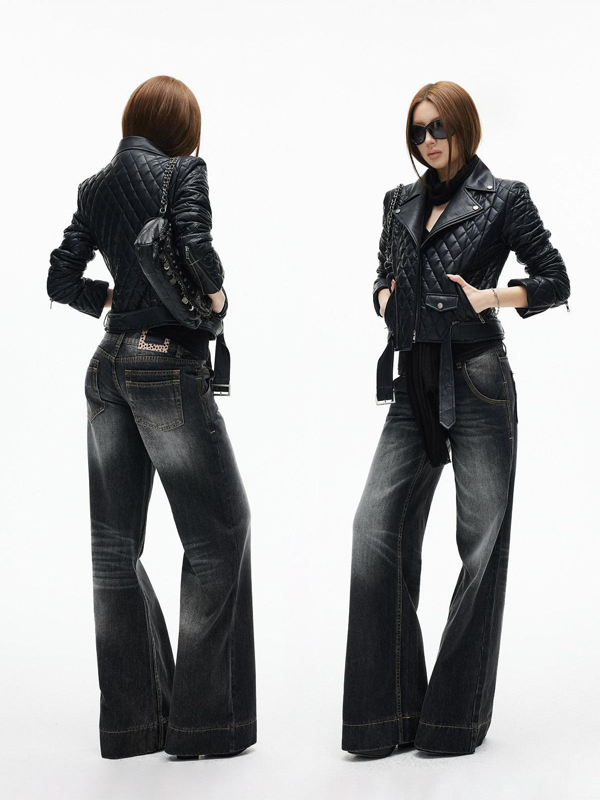 iamxiaa Diamond Quilted Lapel Biker Micro Slim Short Women&