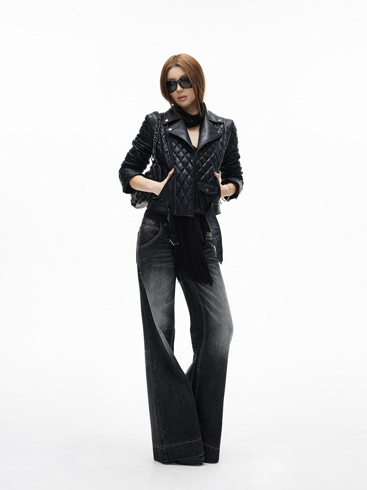 iamxiaa Diamond Quilted Lapel Biker Micro Slim Short Women&