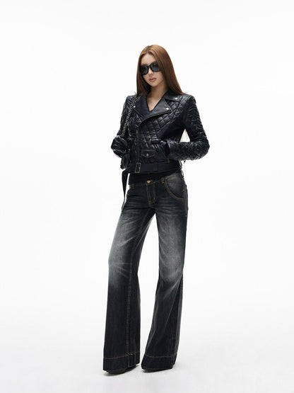 iamxiaa Diamond Quilted Lapel Biker Micro Slim Short Women&