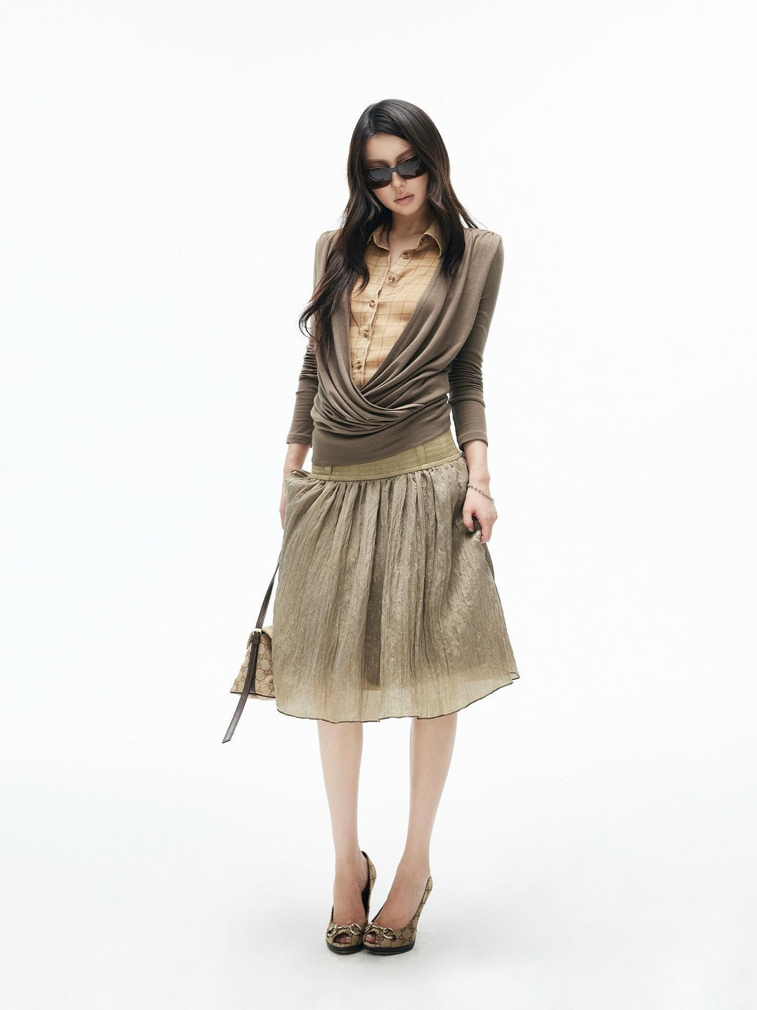 iamxiaa Distressed Grey Green Textured Low Waist Pintuck A Line Women&