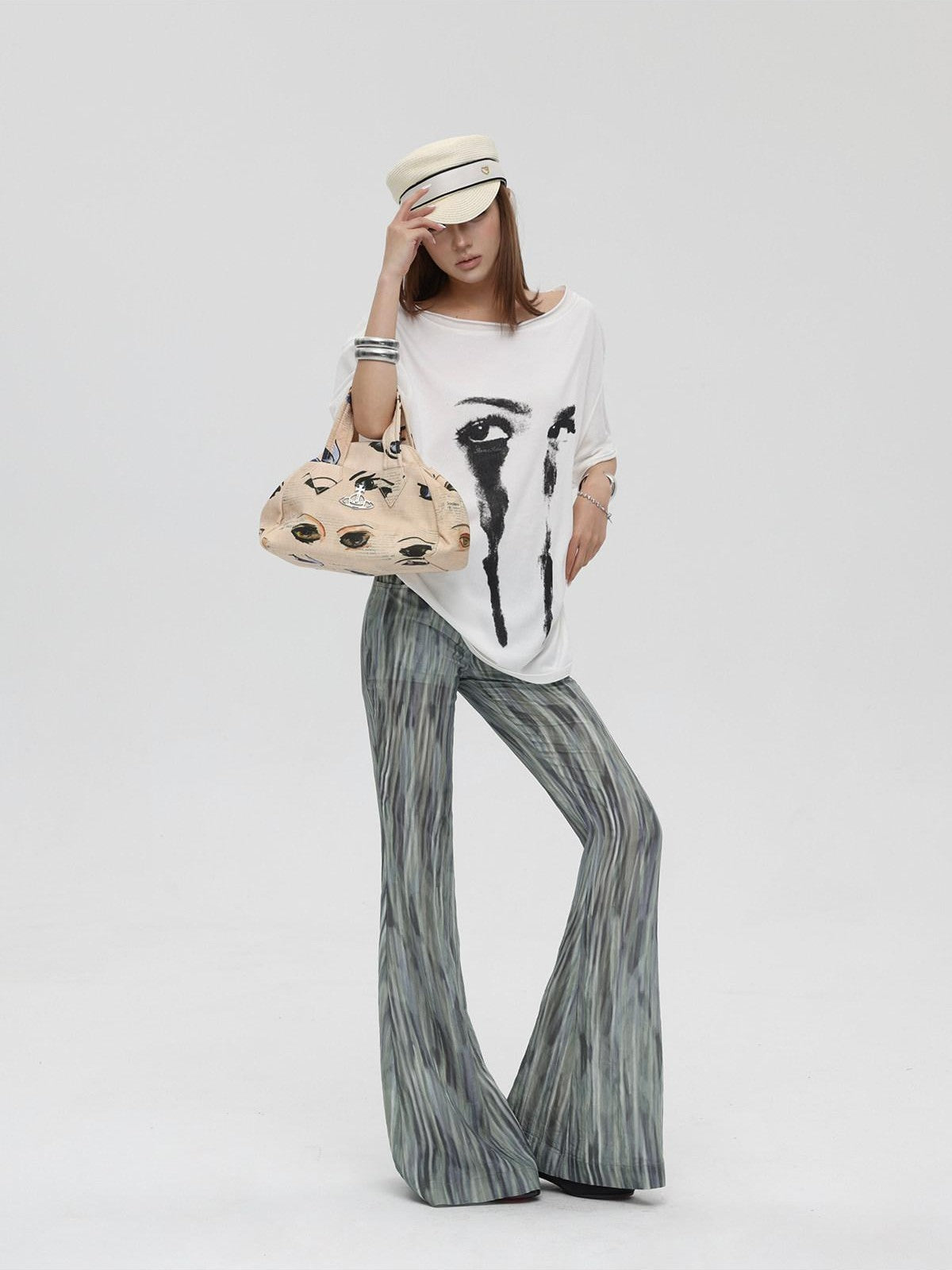 iamxiaa Distressed Print Slanted Shoulder Women&