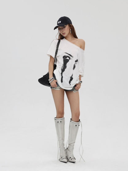 iamxiaa Distressed Print Slanted Shoulder Women&