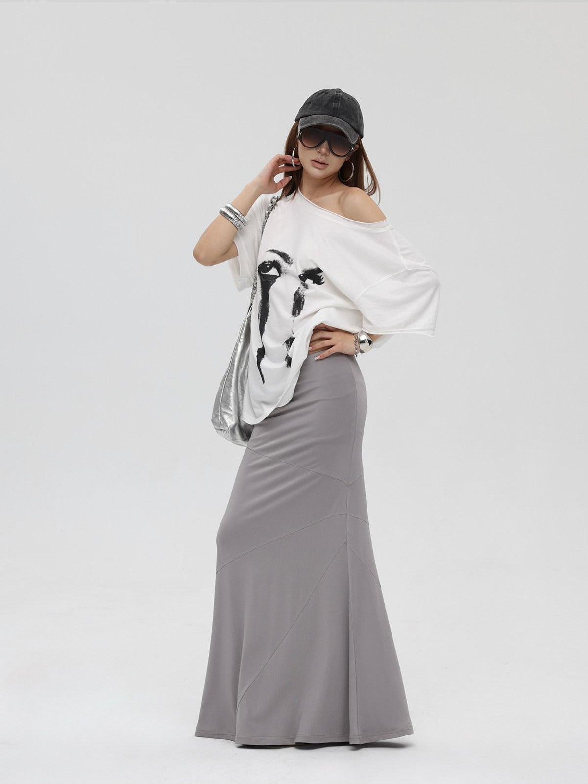 iamxiaa Distressed Print Slanted Shoulder Women&