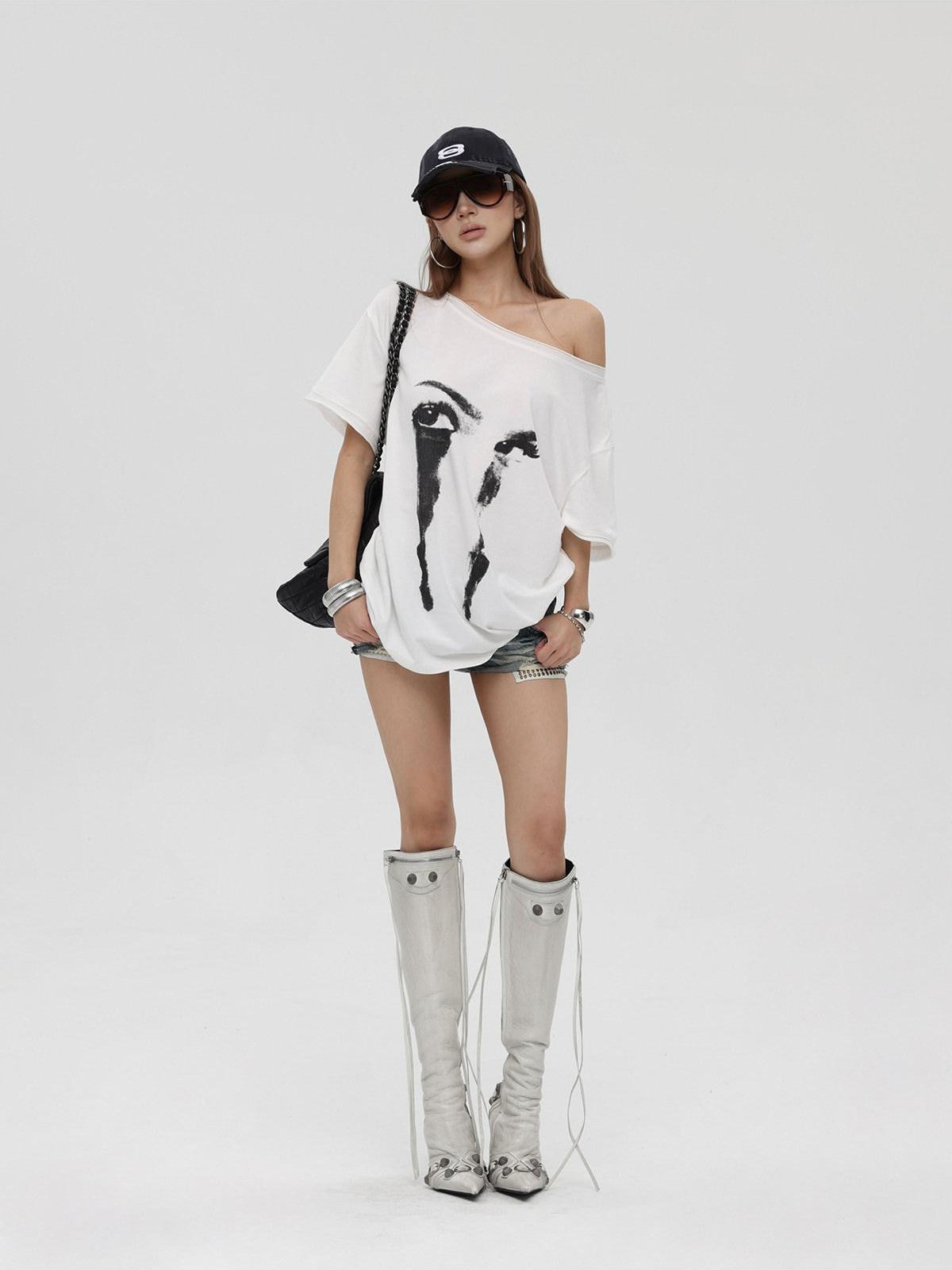 iamxiaa Distressed Print Slanted Shoulder Women&