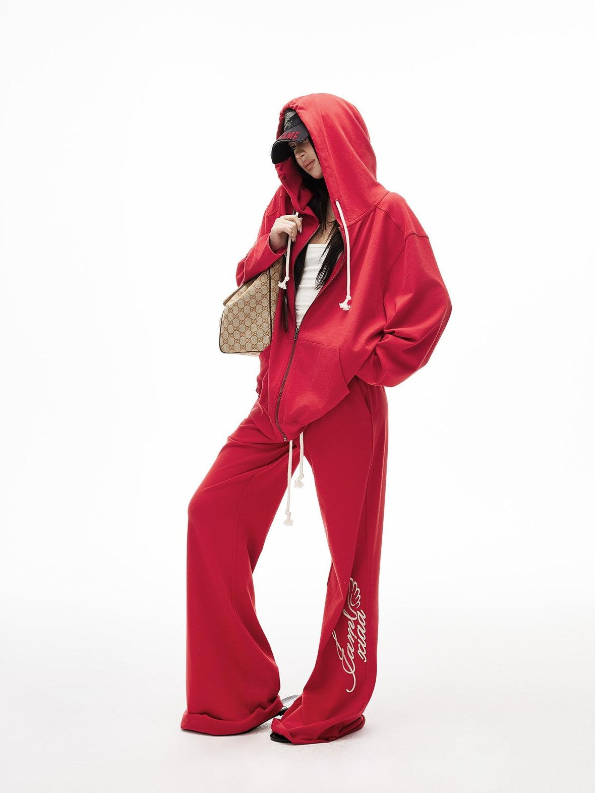 iamxiaa Distressed Red Hooded Zip Up Silver Embroidered Flared Women&