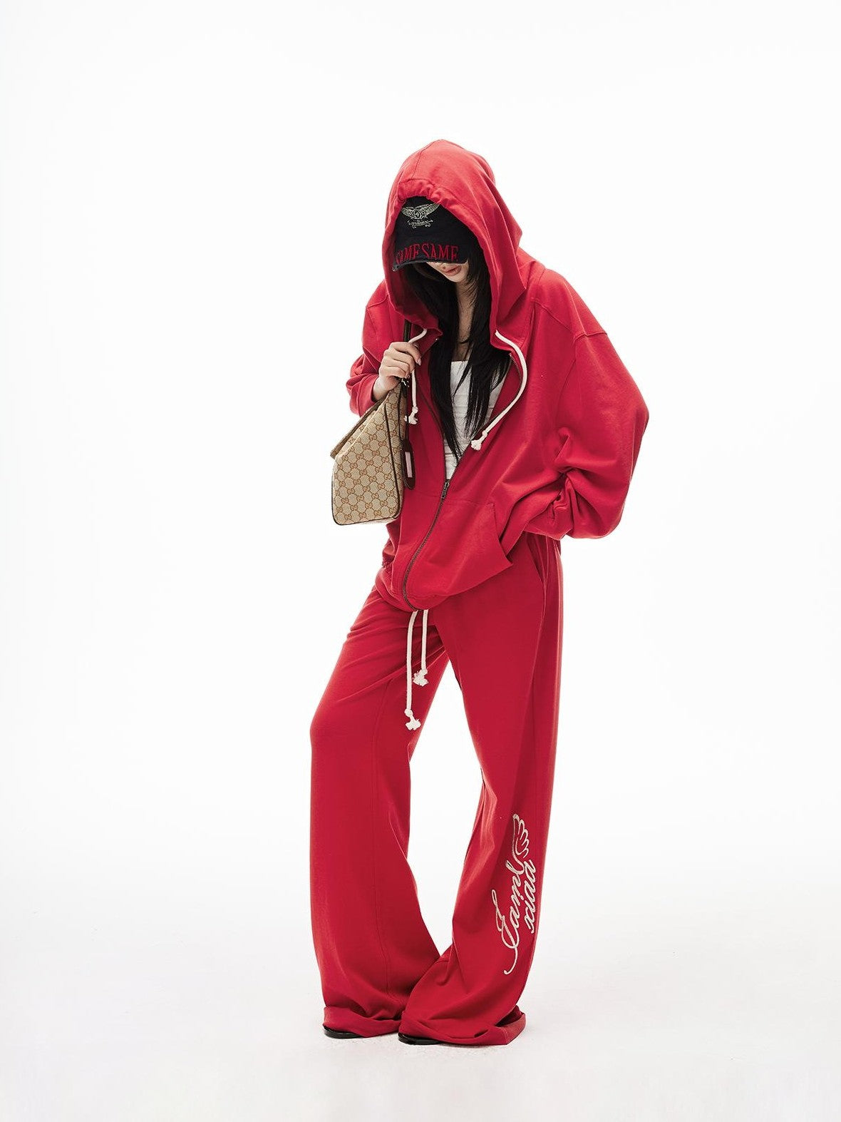 iamxiaa Distressed Red Hooded Zip Up Silver Embroidered Flared Women&