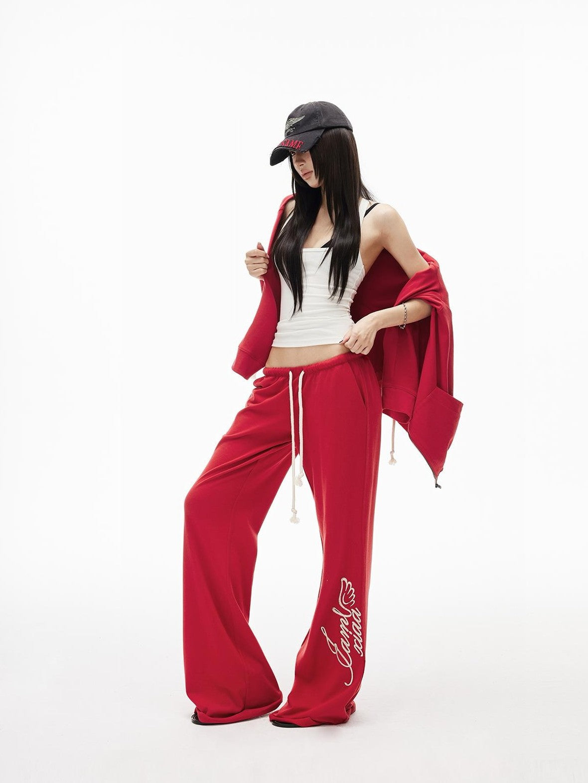 iamxiaa Distressed Red Hooded Zip Up Silver Embroidered Flared Women&