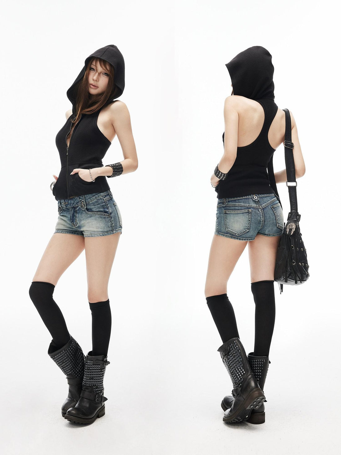 iamxiaa Distressed Washed Deconstructed Faux Belt Workwear Women&