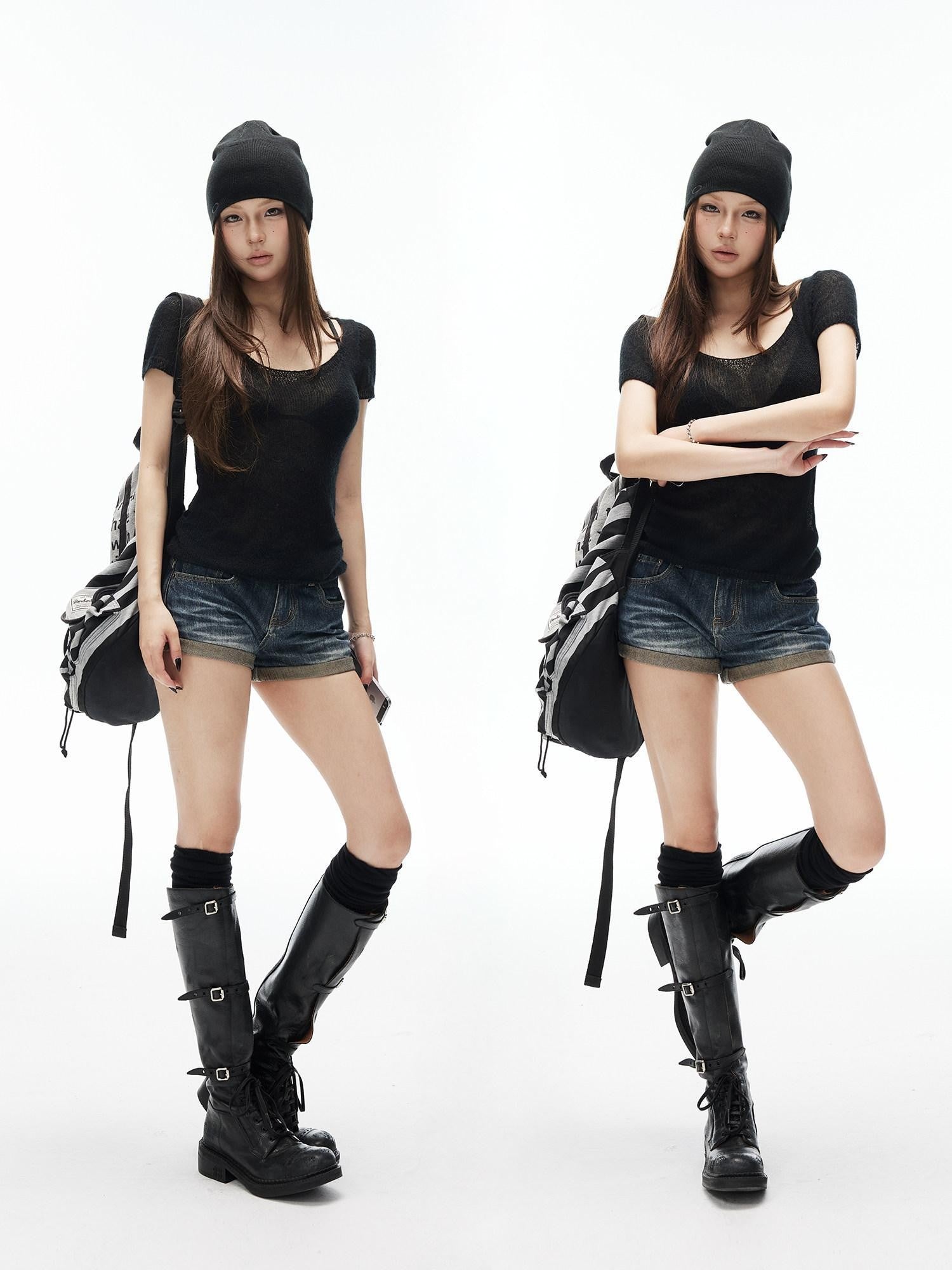 iamxiaa Distressed Washed Slub Diagonal Cuff High Rise Slim Women&