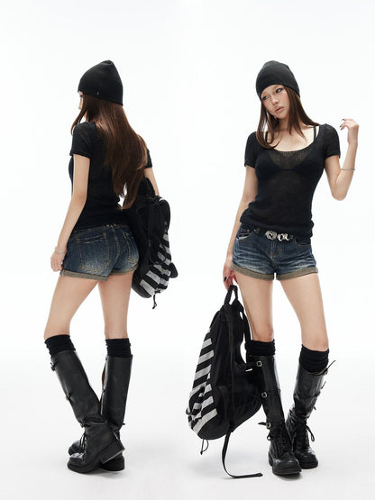 iamxiaa Distressed Washed Slub Diagonal Cuff High Rise Slim Women&