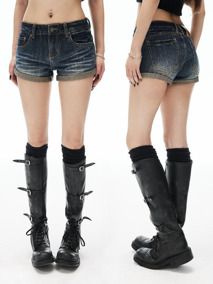 iamxiaa Distressed Washed Slub Diagonal Cuff High Rise Slim Women&