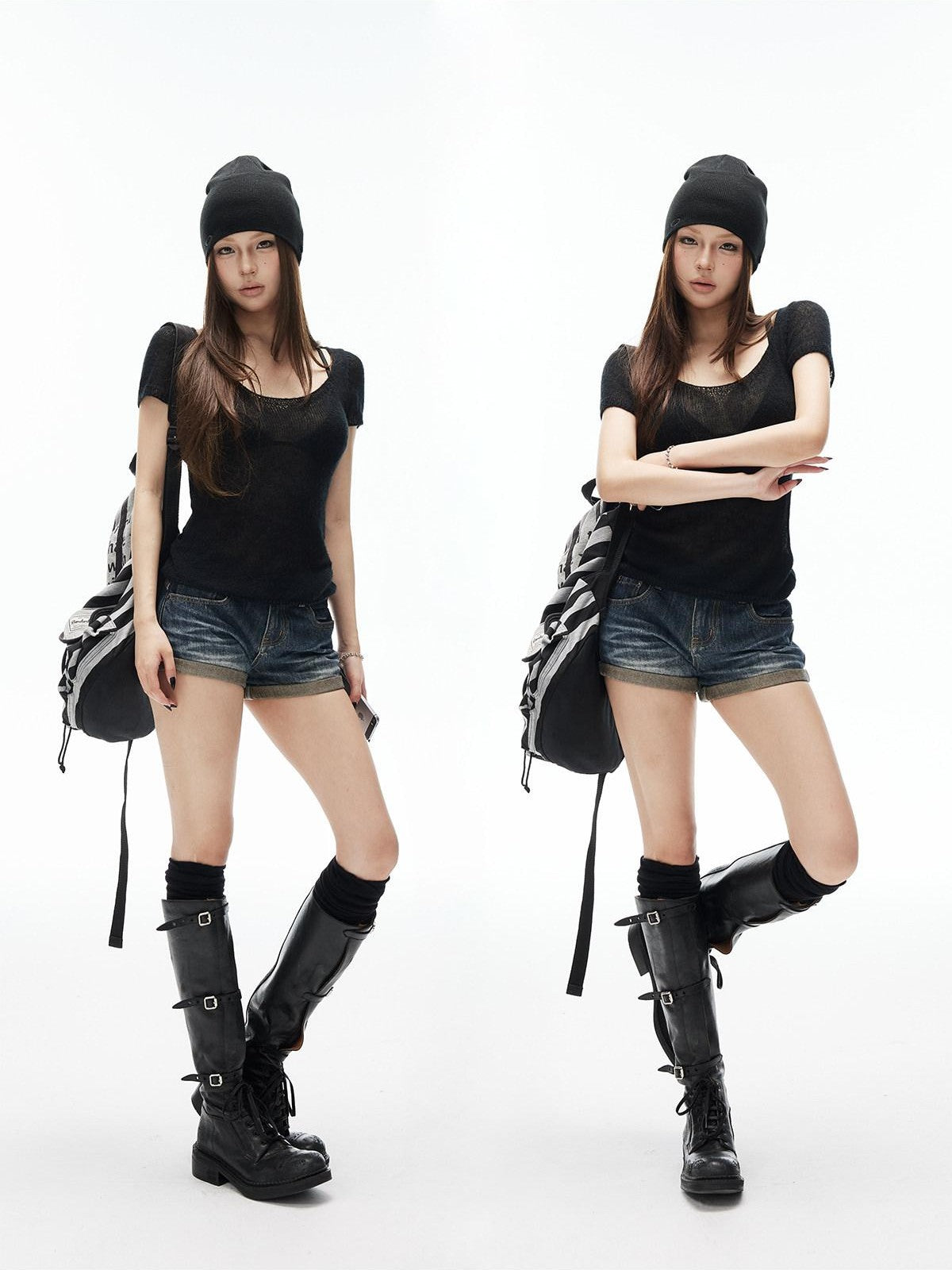 iamxiaa Distressed Washed Slub Diagonal Cuff High Rise Slim Women&