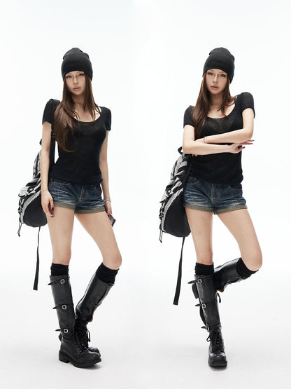 iamxiaa Distressed Washed Slub Diagonal Cuff High Rise Slim Women&