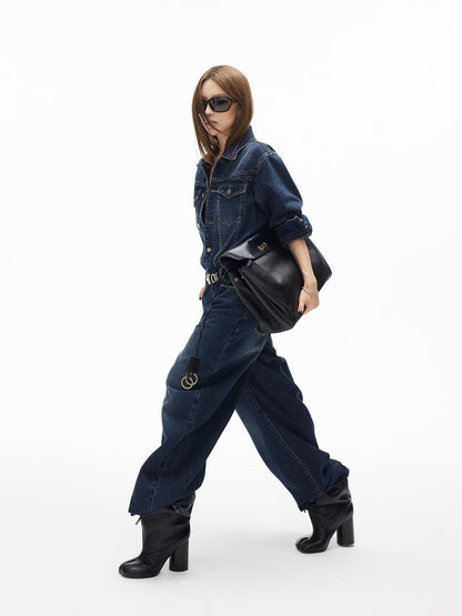 iamxiaa Distressed Washed Turn Collar Retro Women&