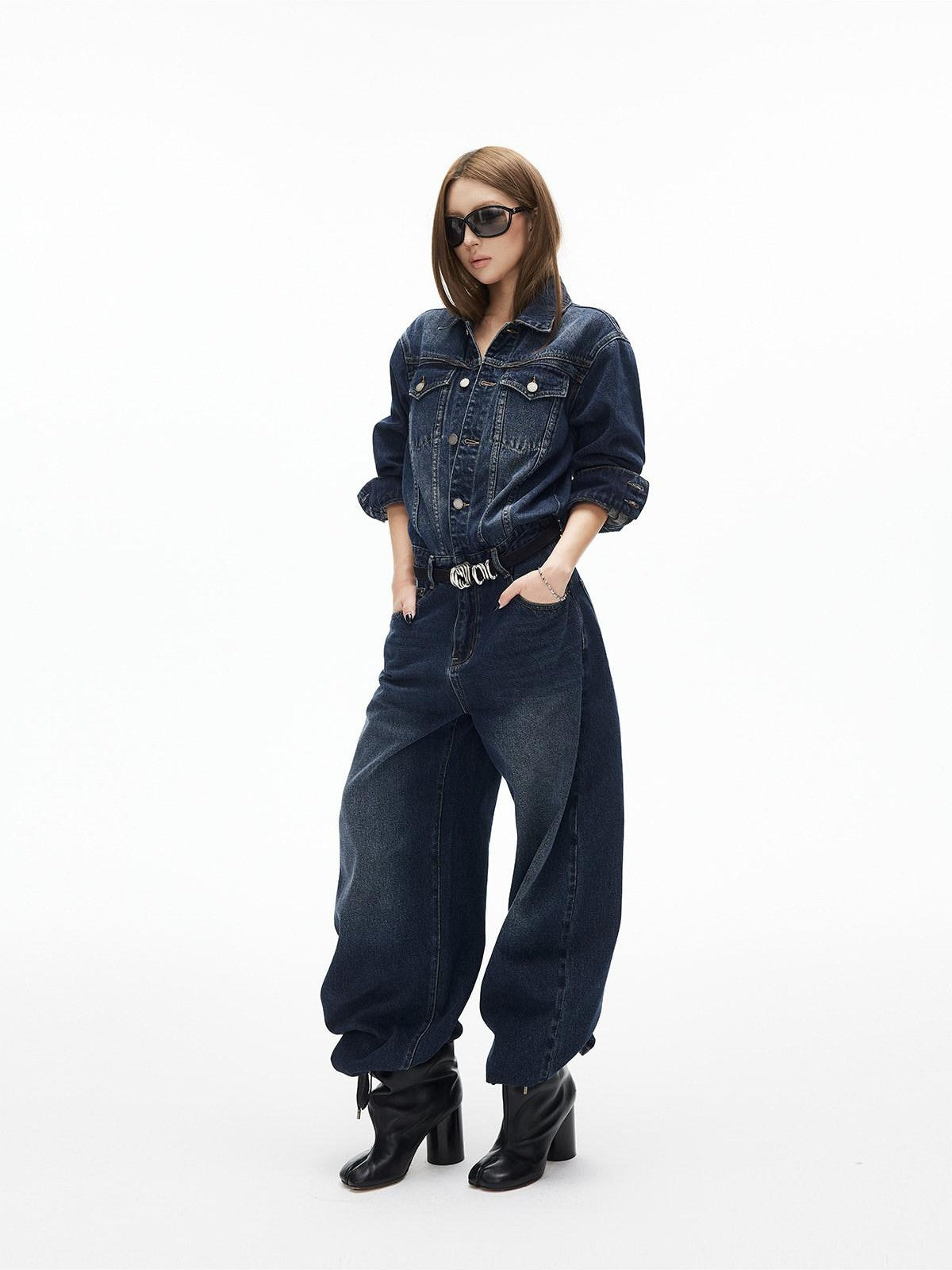 iamxiaa Distressed Washed Turn Collar Retro Women&