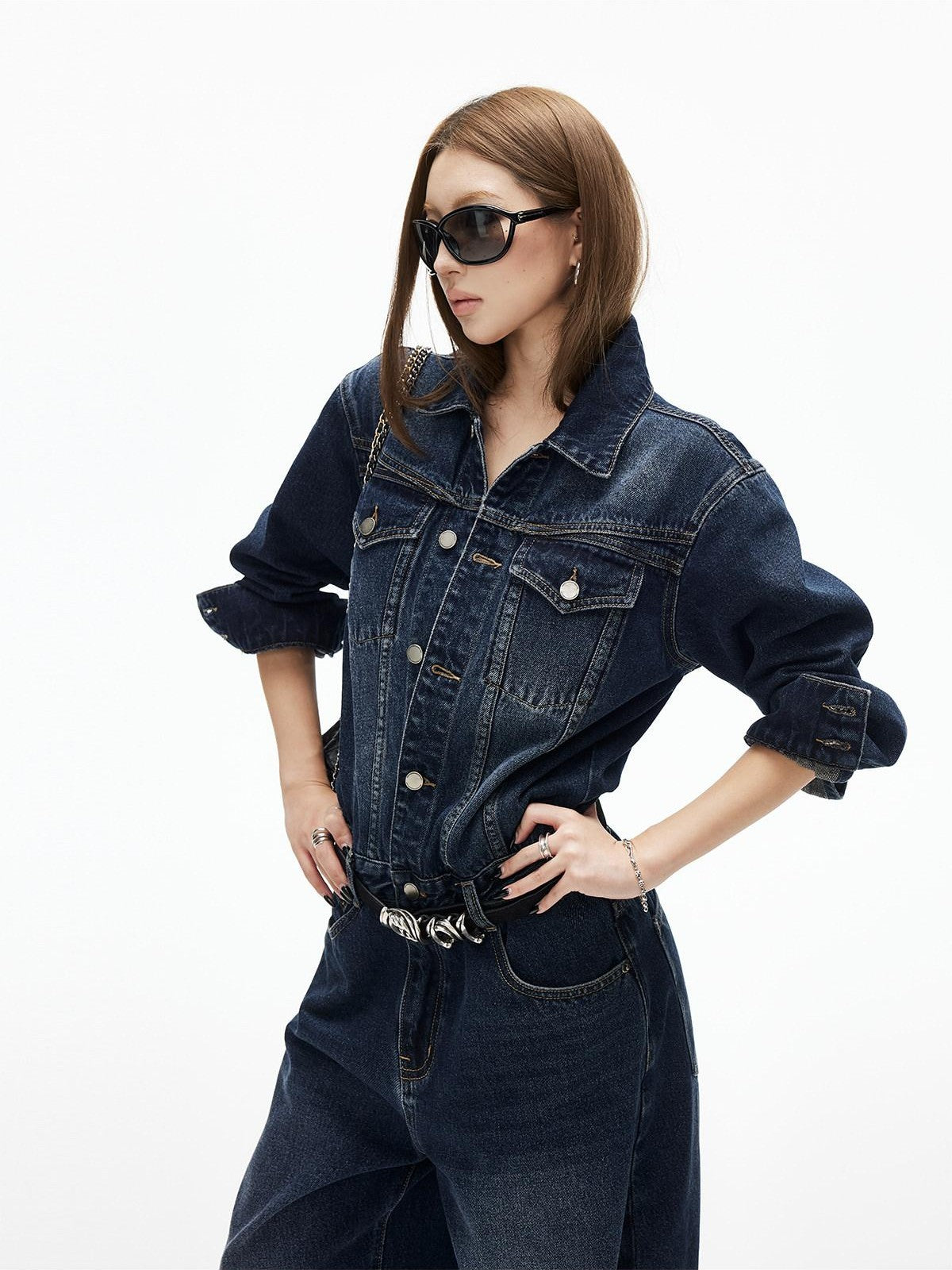 iamxiaa Distressed Washed Turn Collar Retro Women&
