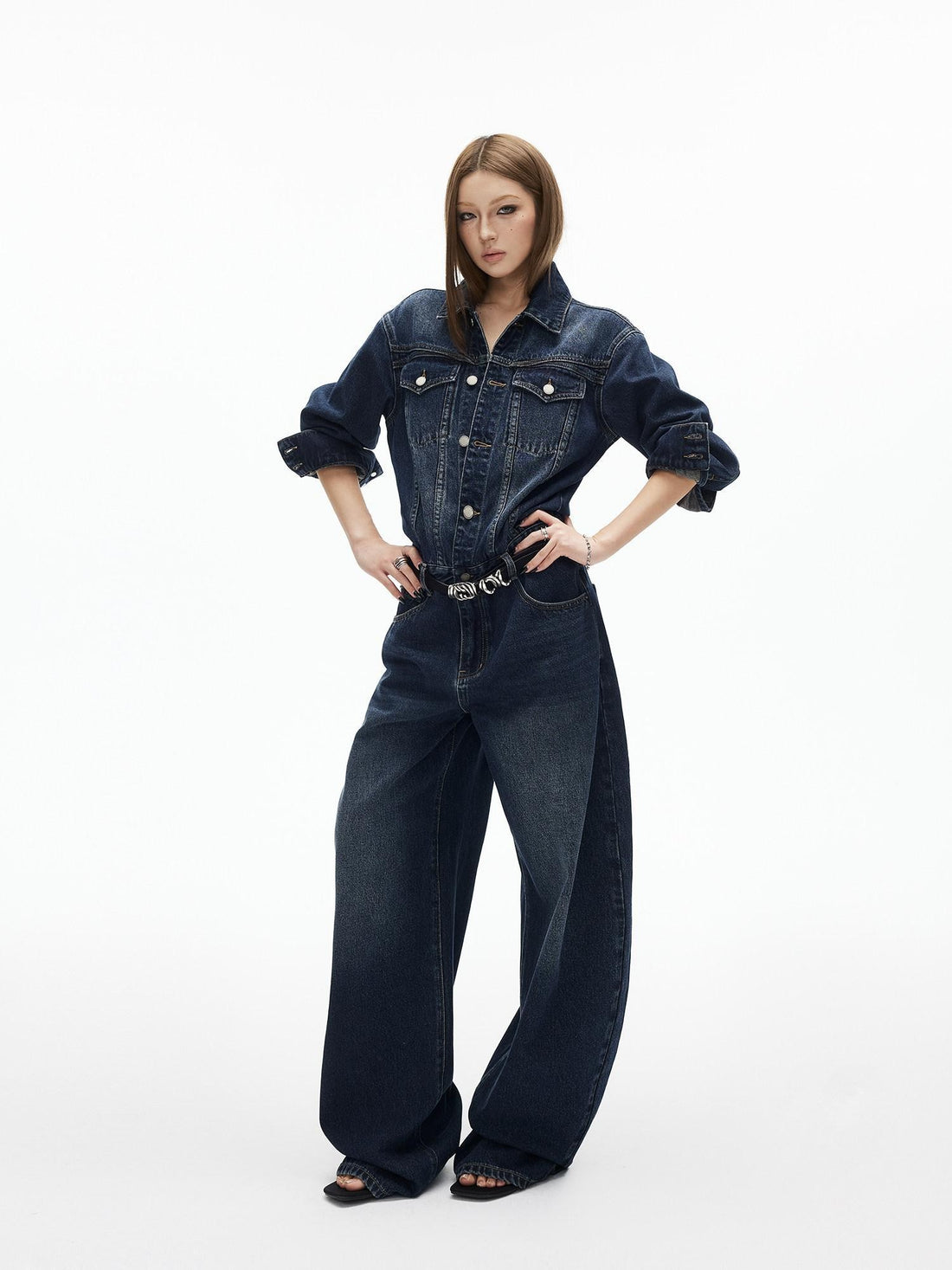 iamxiaa Distressed Washed Turn Collar Retro Women&