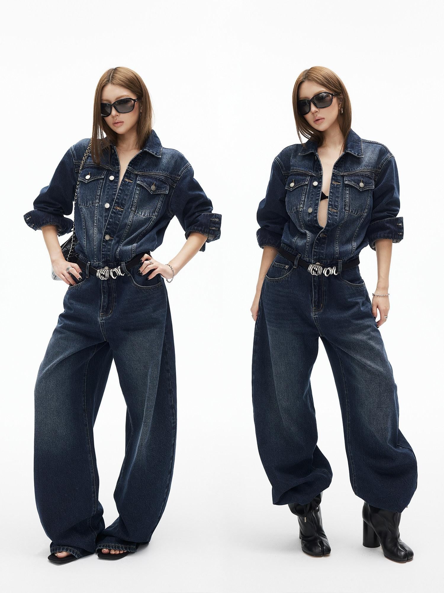 iamxiaa Distressed Washed Turn Collar Retro Women&