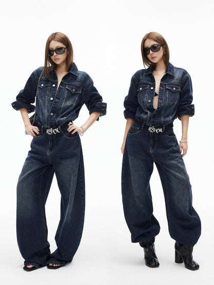 iamxiaa Distressed Washed Turn Collar Retro Women&