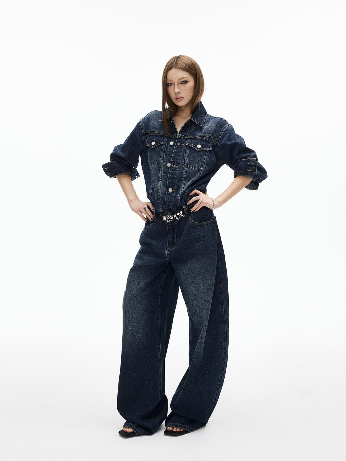 iamxiaa Distressed Washed Turn Collar Retro Women&