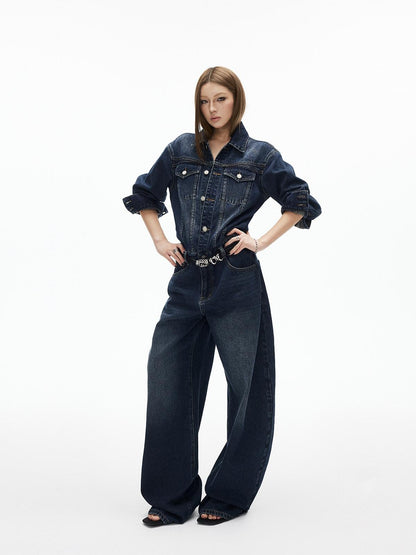 iamxiaa Distressed Washed Turn Collar Retro Women&