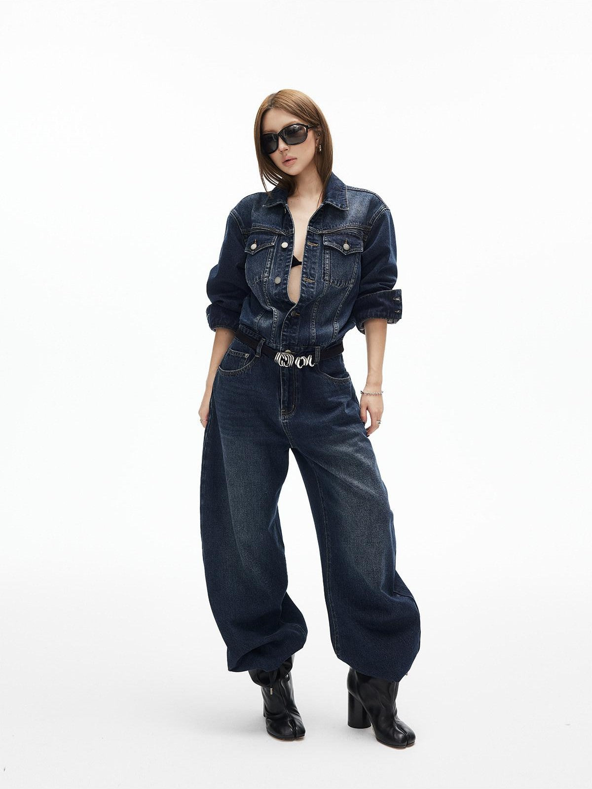 iamxiaa Distressed Washed Turn Collar Retro Women&