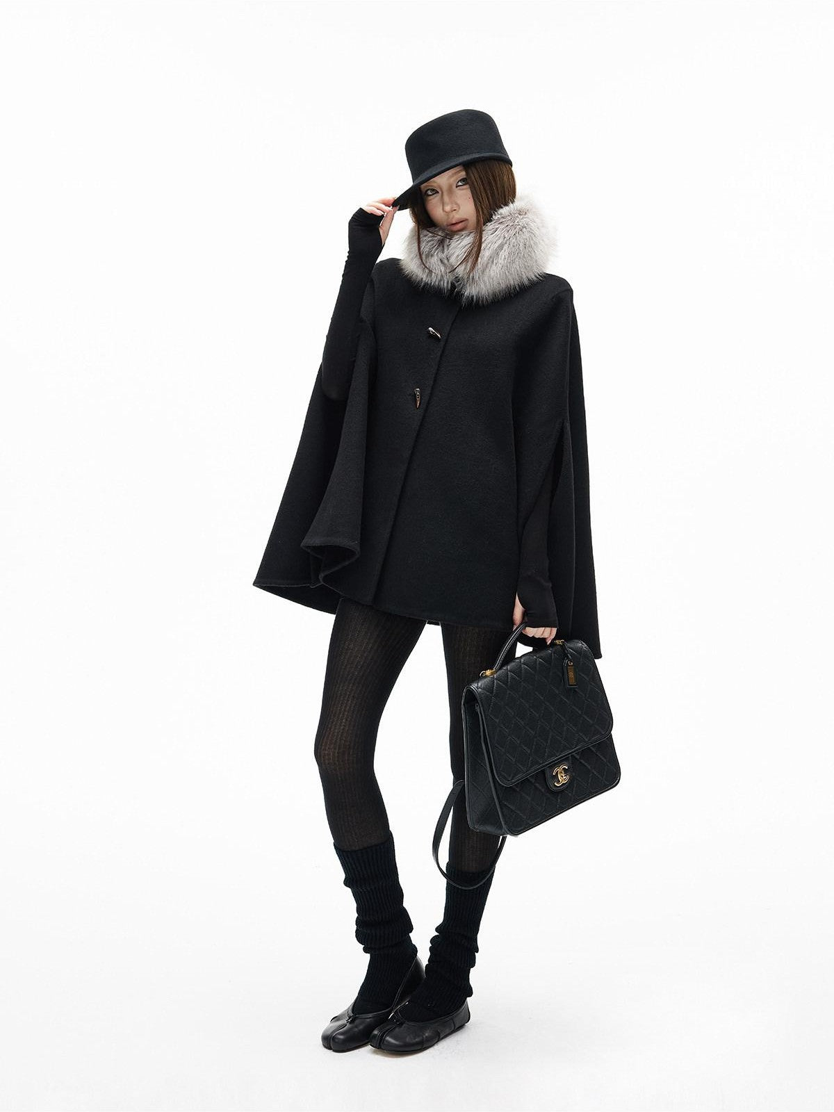 iamxiaa Double Face Stand Collar Eco Fur Horn Toggle Women&