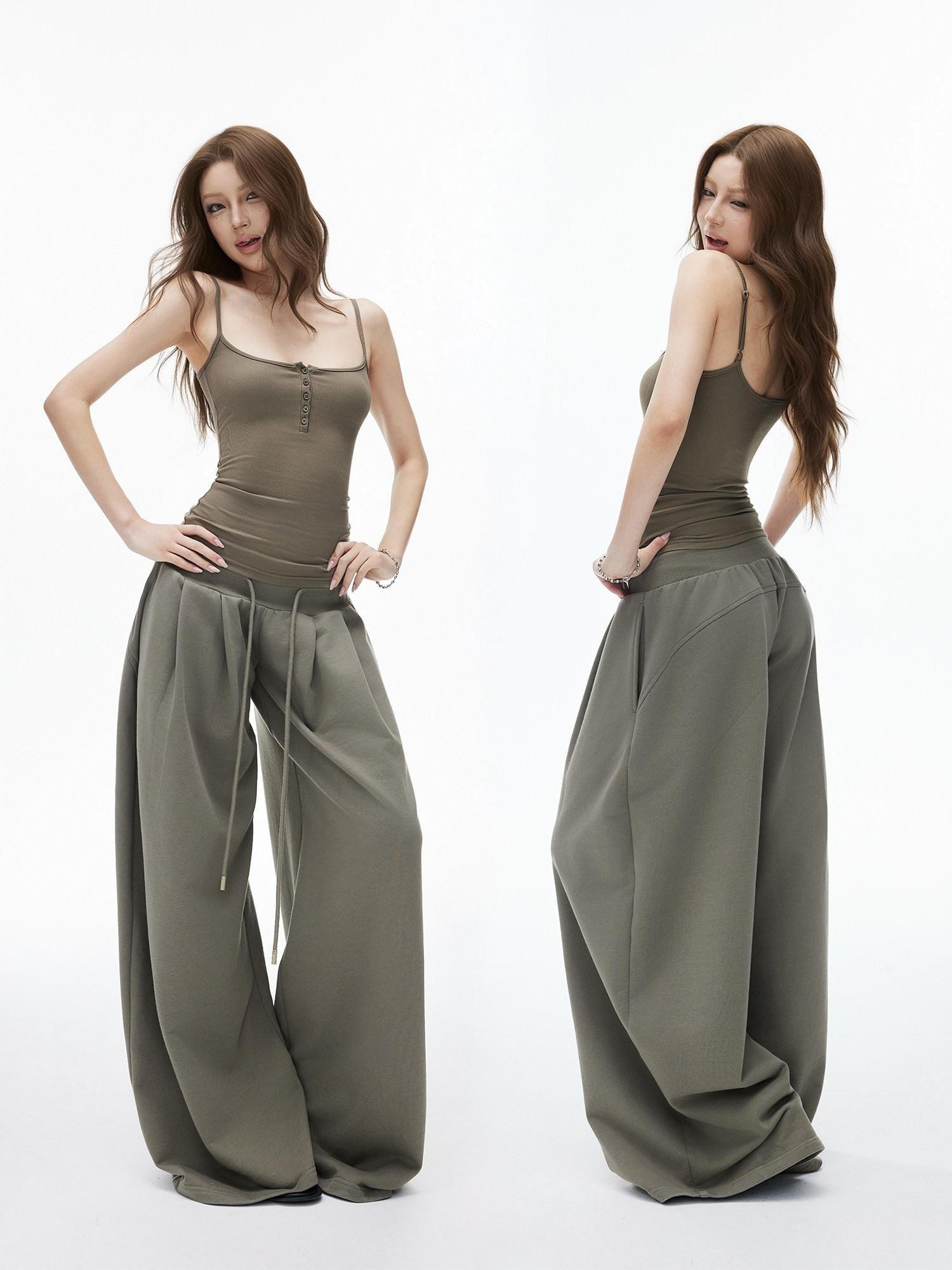 iamxiaa Double Pleated Low Rise Drawstring Wide Waist Women&
