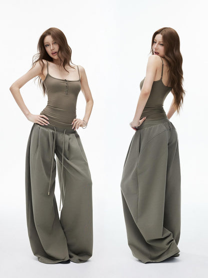 iamxiaa Double Pleated Low Rise Drawstring Wide Waist Women&