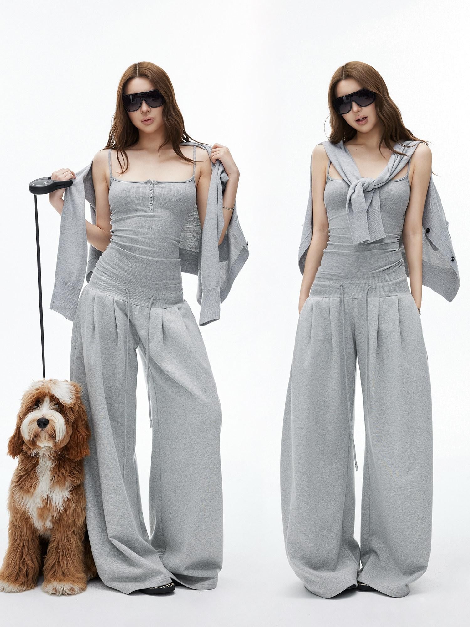 iamxiaa Double Pleated Low Rise Drawstring Wide Waist Women&