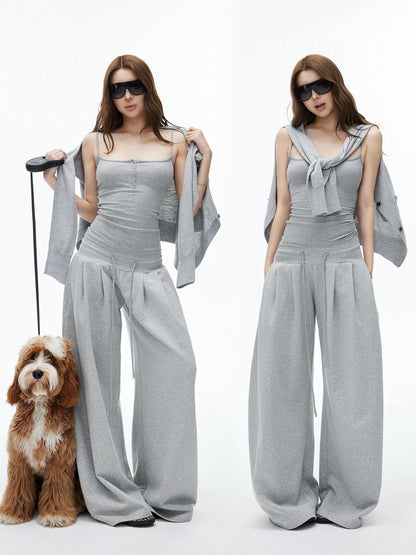iamxiaa Double Pleated Low Rise Drawstring Wide Waist Women&