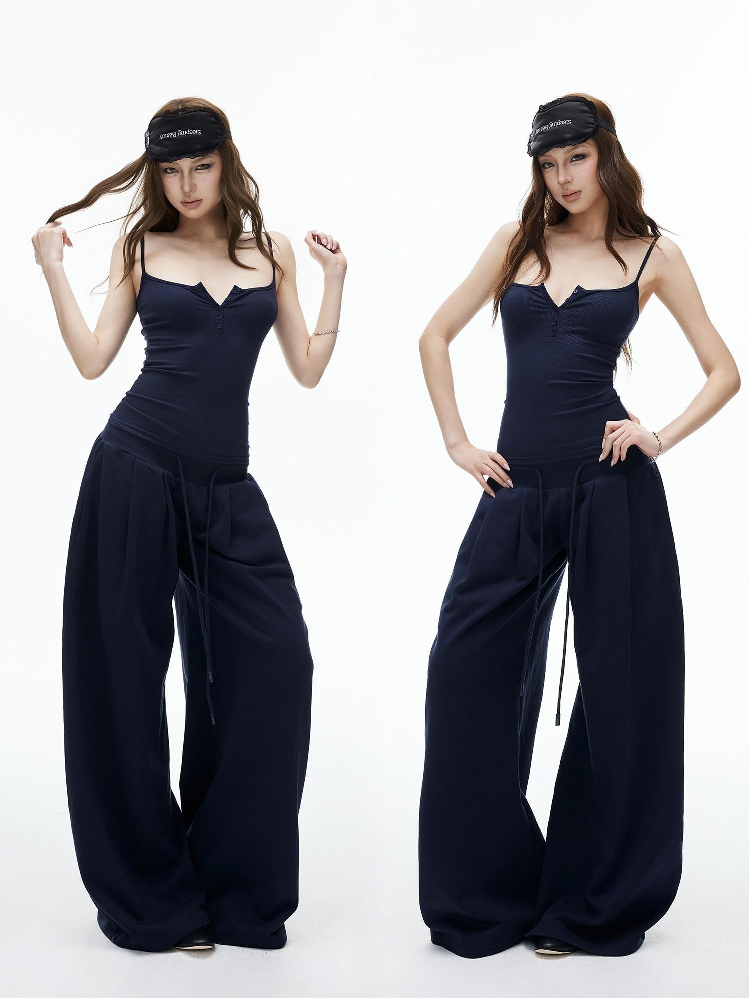 iamxiaa Double Pleated Low Rise Drawstring Wide Waist Women&