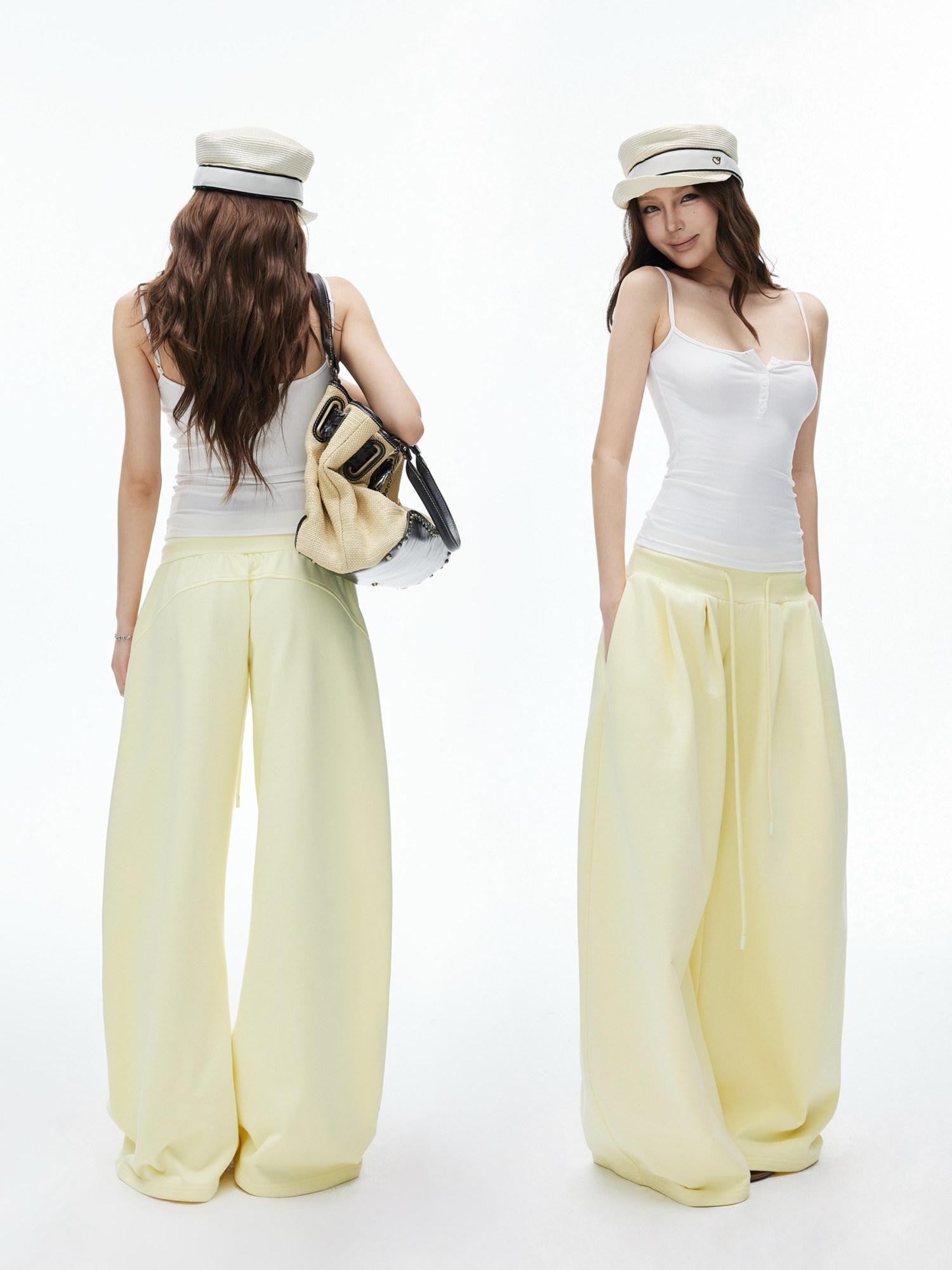 iamxiaa Double Pleated Low Rise Drawstring Wide Waist Women&
