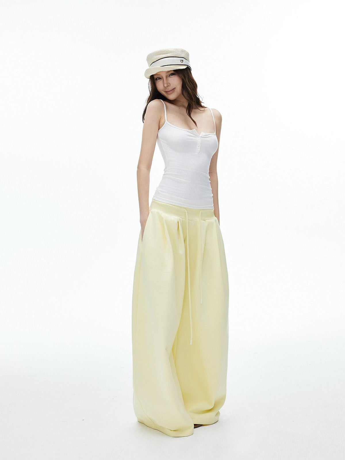 iamxiaa Double Pleated Low Rise Drawstring Wide Waist Women&