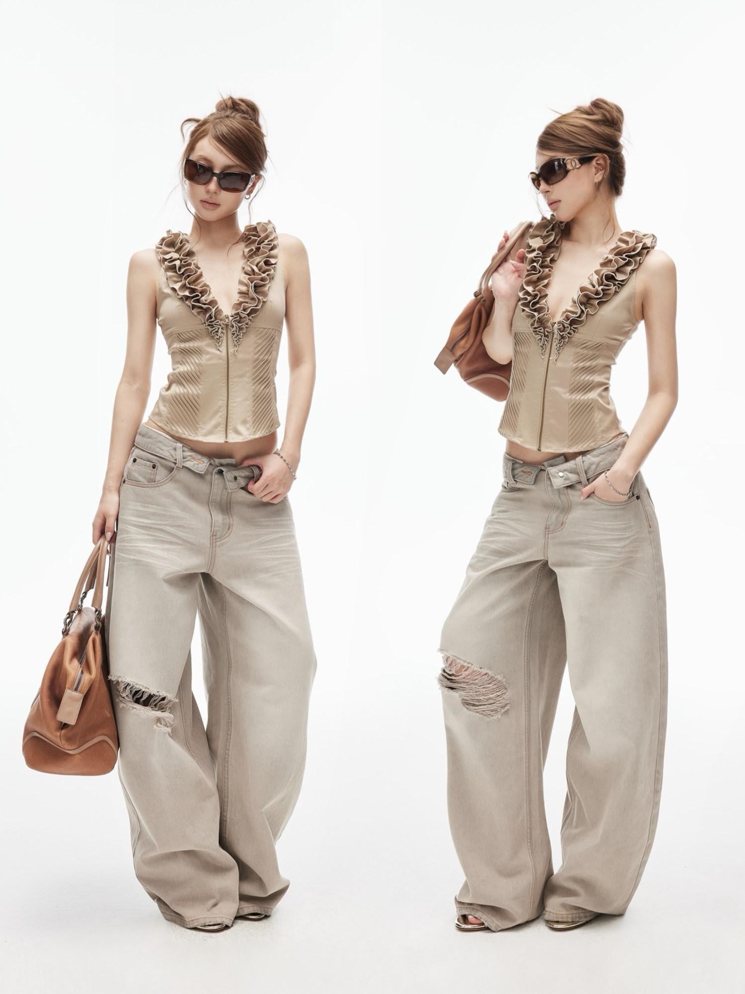 iamxiaa Double Ruffle Diagonal Pleats Metal Zip Deep V Women&
