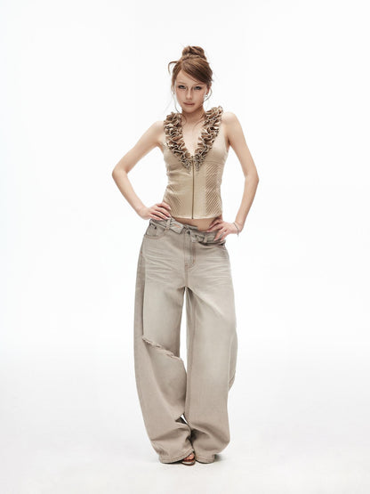 iamxiaa Double Ruffle Diagonal Pleats Metal Zip Deep V Women&