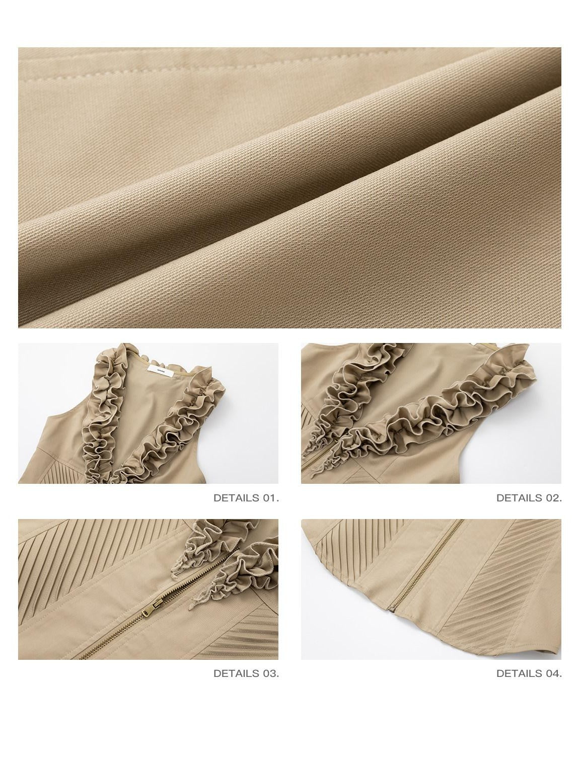 iamxiaa Double Ruffle Diagonal Pleats Metal Zip Deep V Women&