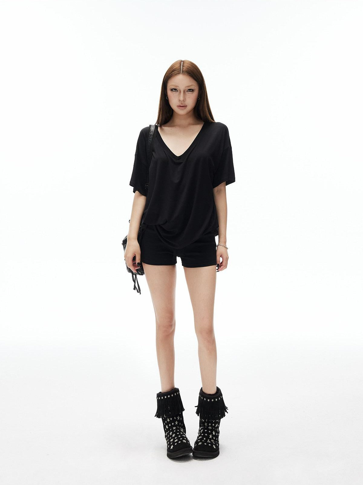 iamxiaa Drapey Soft Deep V Drop Shoulder Half Sleeve Loose Women&